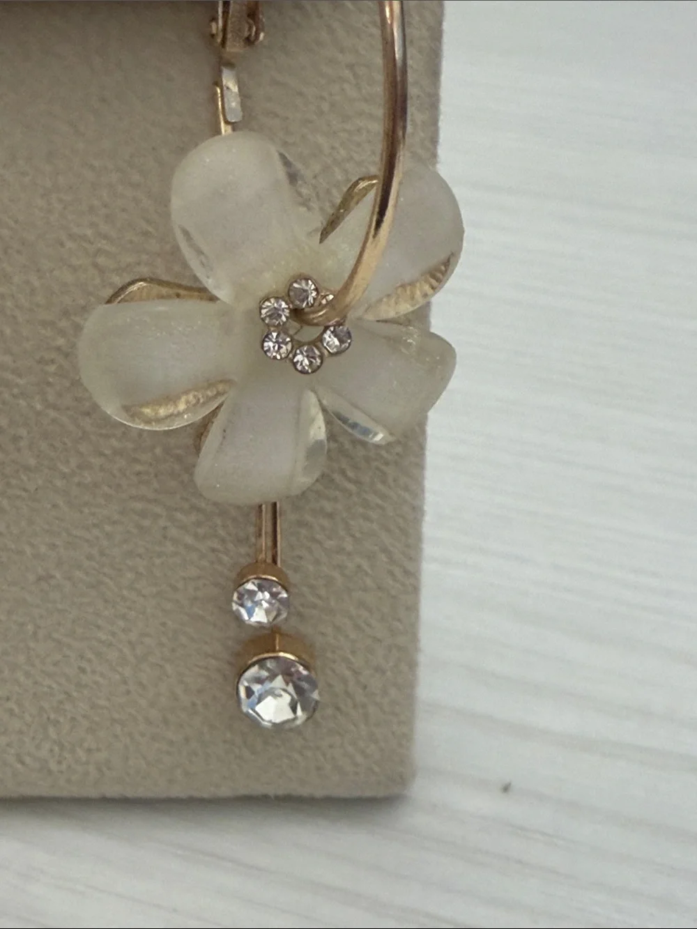 Gold Hoop Earrings with White Flower Drops and Crystal Accents